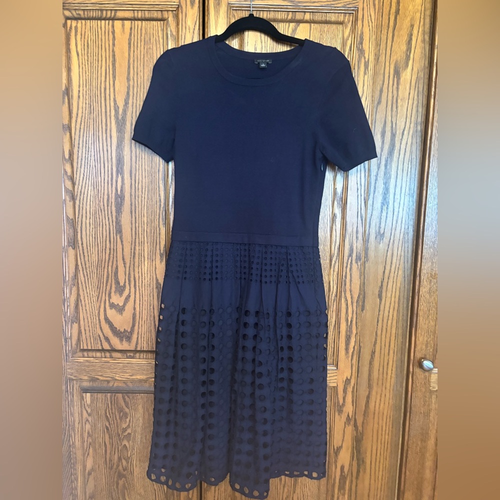 Ann Taylor Navy Short-Sleeve knit top and cotton lace bottom Midi Dress